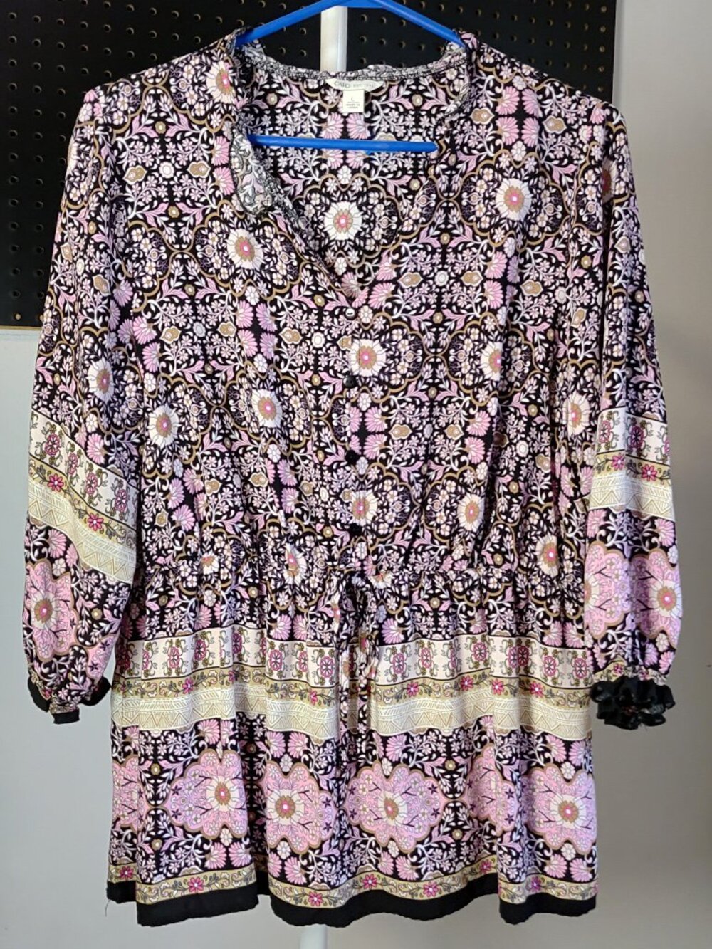 Cato LONG SLEEVE TOP Size L floral 100% Rayon floral cottage country